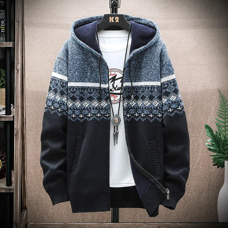 Men's Thick Knitted Fleece Hooded Cardigan Sweater by VIXEN