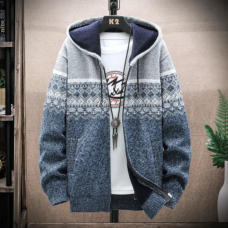Men's Thick Knitted Fleece Hooded Cardigan Sweater by VIXEN