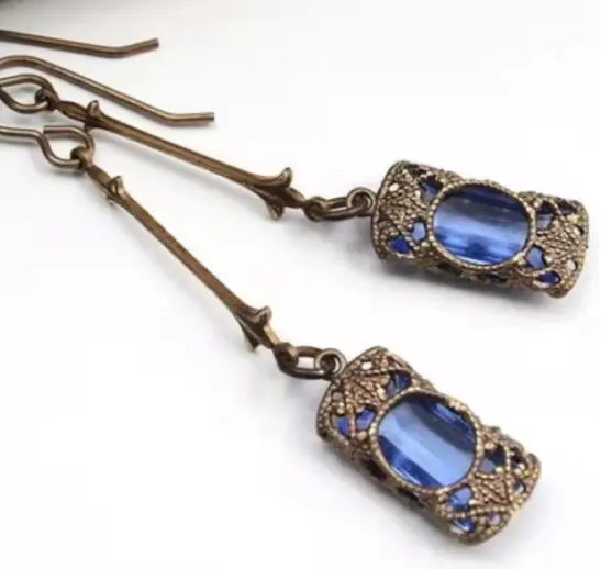 Long Vintage Gemstone Dangle Earrings in Antique Bronze