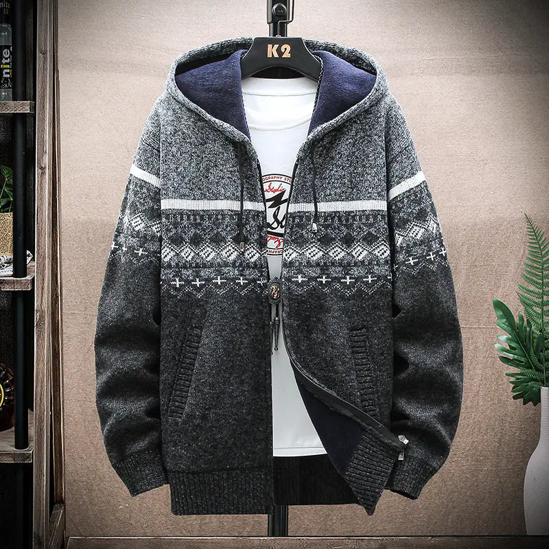 Men's Thick Knitted Fleece Hooded Cardigan Sweater by VIXEN