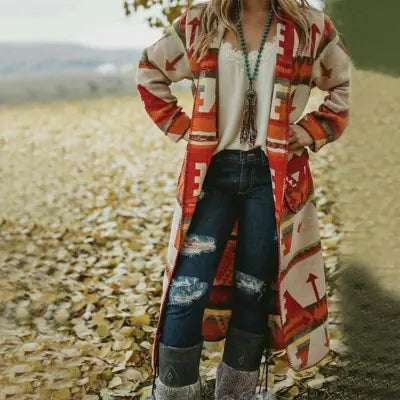Trendy Printed Long Sleeve Woolen Coat