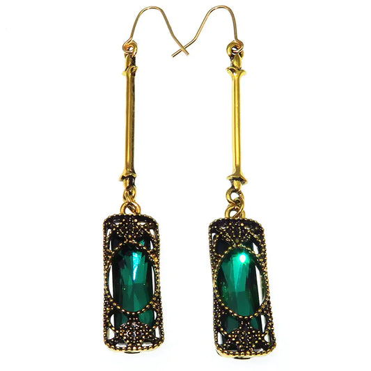Long Vintage Gemstone Dangle Earrings in Antique Bronze