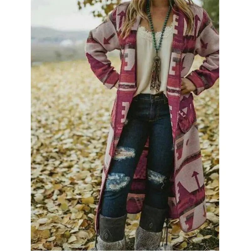 Trendy Printed Long Sleeve Woolen Coat