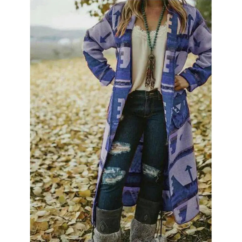 Trendy Printed Long Sleeve Woolen Coat