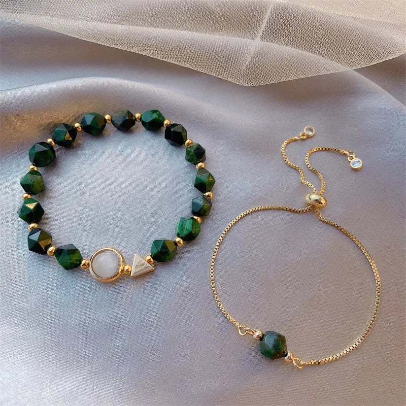 Stylish Green Gemstone Bracelet Set for Women (2 Pieces)