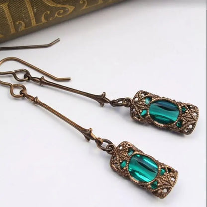 Long Vintage Gemstone Dangle Earrings in Antique Bronze