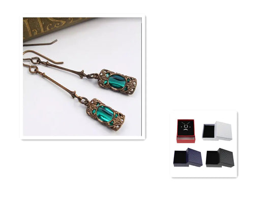 Long Vintage Gemstone Dangle Earrings in Antique Bronze