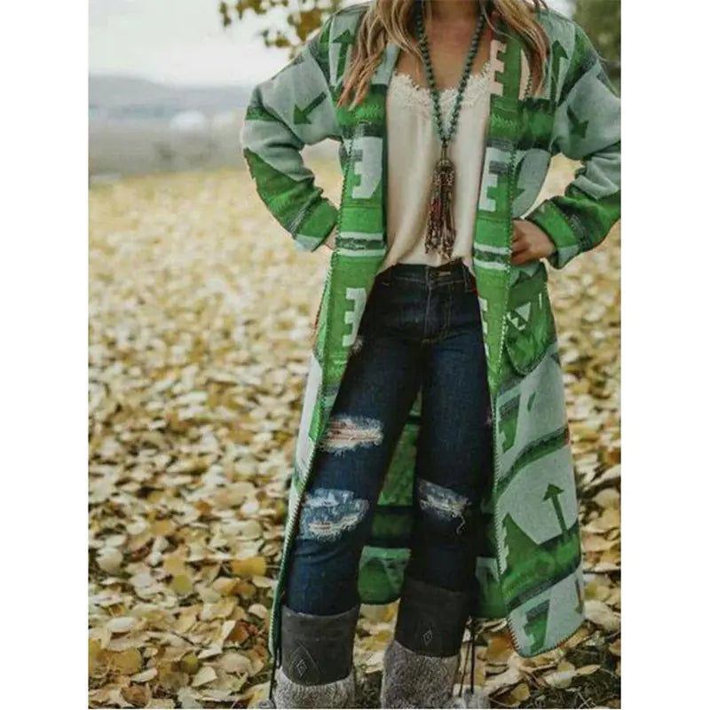 Trendy Printed Long Sleeve Woolen Coat