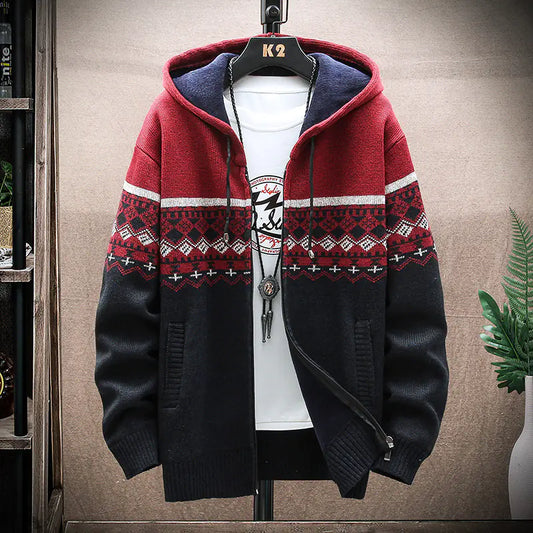 Men's Thick Knitted Fleece Hooded Cardigan Sweater by VIXEN