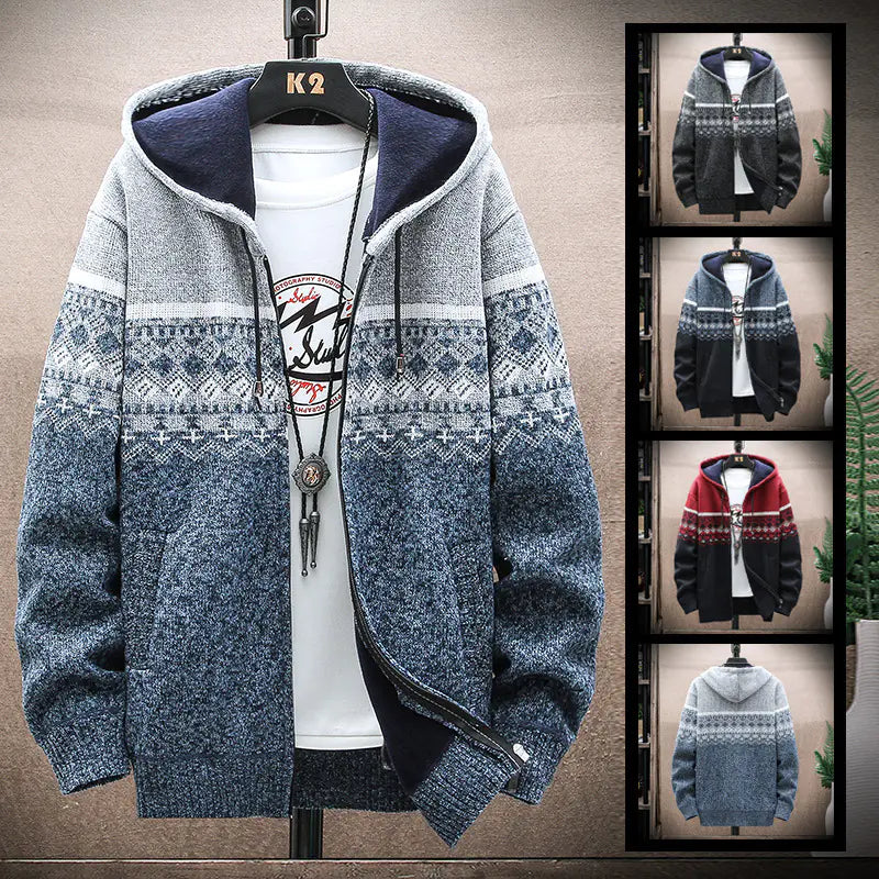 Men's Thick Knitted Fleece Hooded Cardigan Sweater by VIXEN